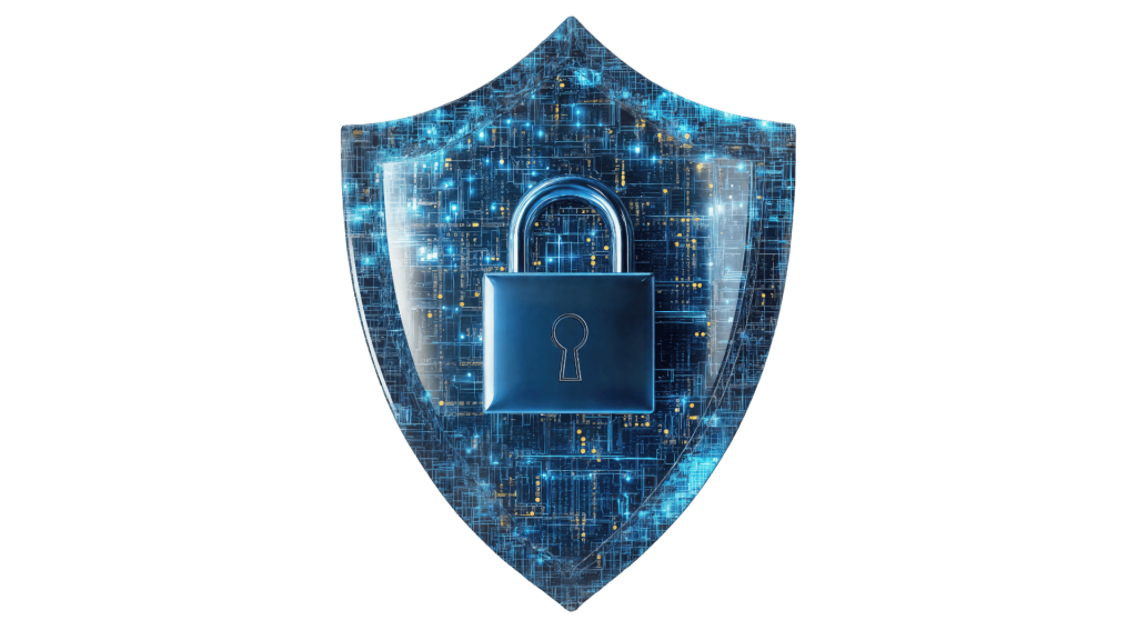 A shield illustrating CYBERSECURITY AWARENESS TRAINING with a padlock in the middle of the shield